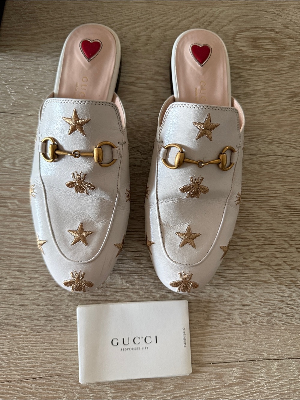 Gucci White Leather Star & Bee Embroidered Horsebit Mules